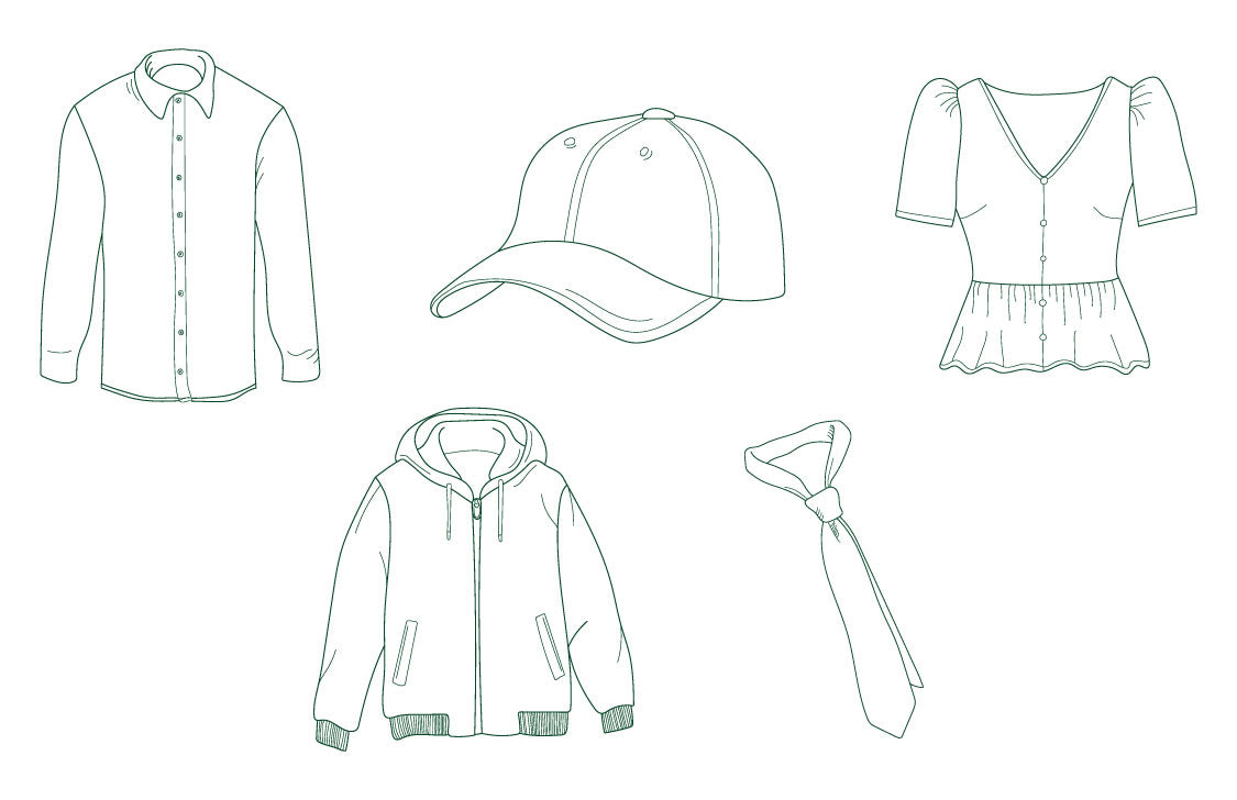 dress shirt, baseball cap, blouse, jacket, tie icons