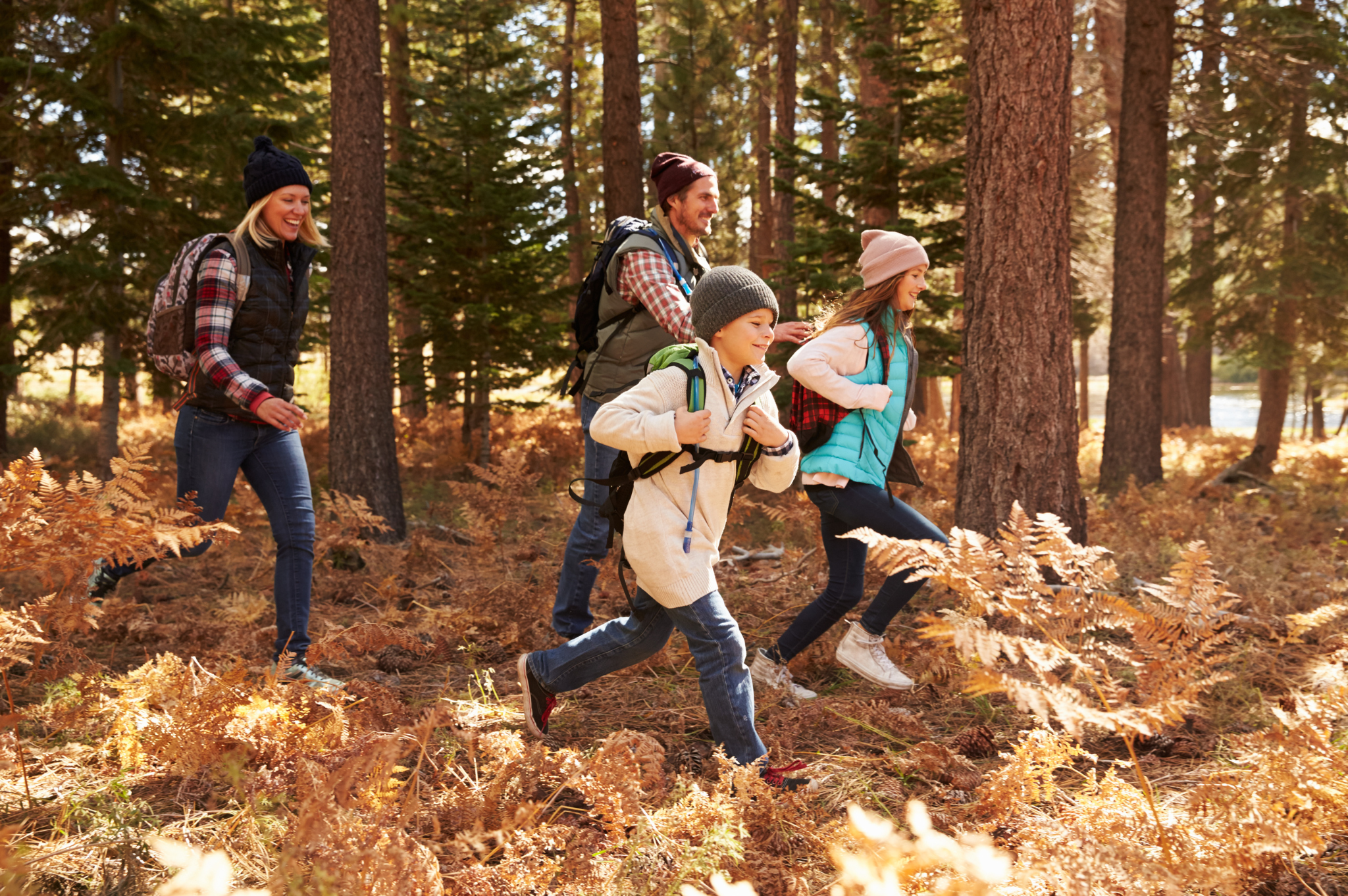 Family hiking through the woods on a fall adventure