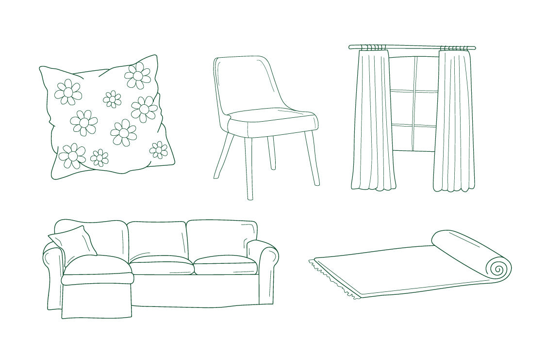 decorative pillow, upholstered dining chair, curtains, couch, rug icons
