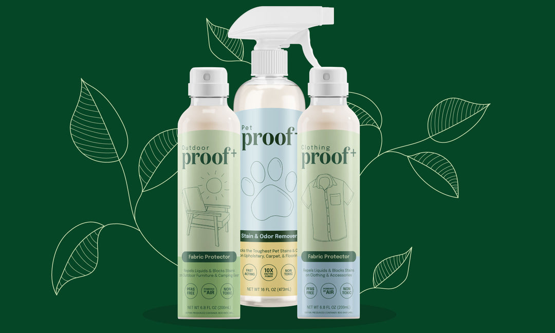 ProofPlus Outdoor Fabric Protector, Pet Stain & Odor Remover, and Clothing Fabric Protector with drawings of leaves behind them
