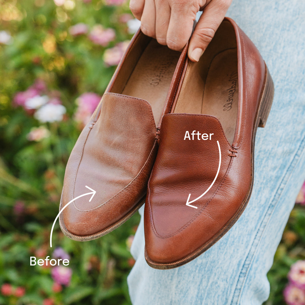 dirty leather loafers before cleaned compared to clean leather after cleaned