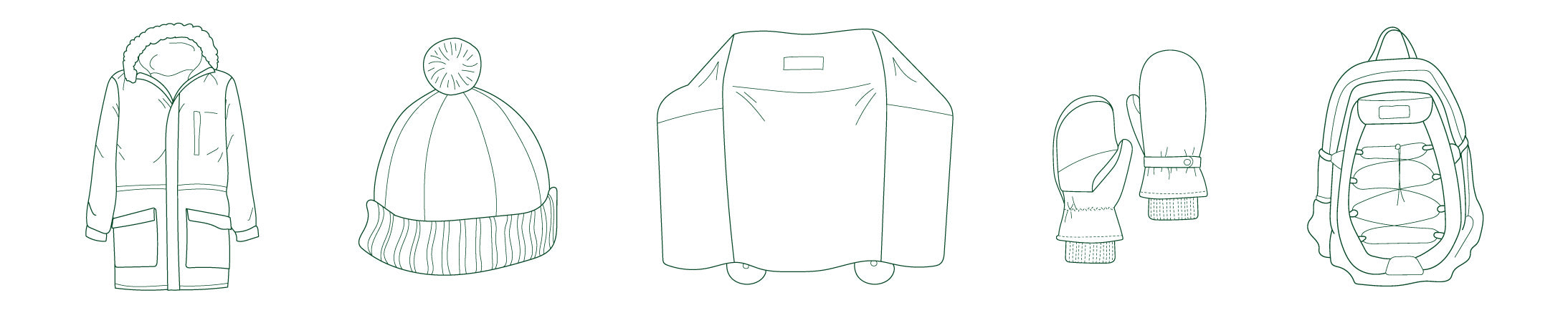 jacket, winter hat, grill cover, winter gloves, backpack icons