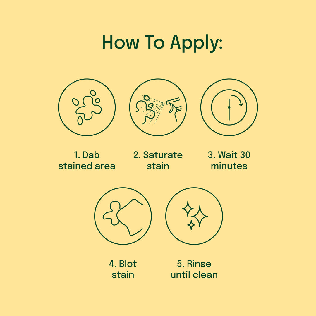 How to use Pet stain & odor remover: 1. dab stained area 2. saturate stain 3. wait 30 minutes 4. blot stains 5. rinse until clean