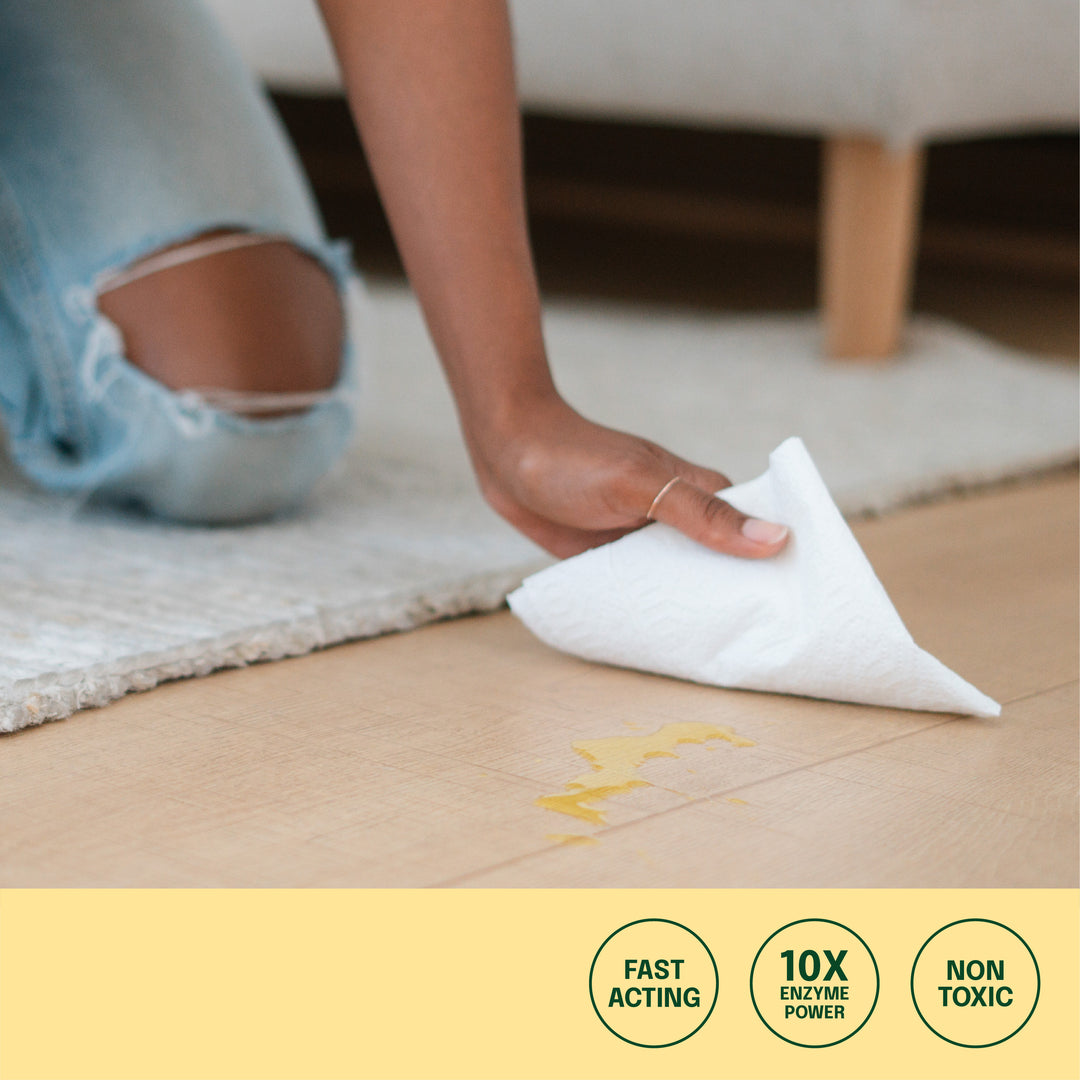 lady wiping up pet accident on laminate with icons: fast acting, 10X enzyme power, non toxic