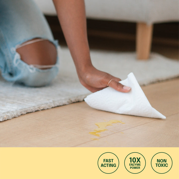 lady wiping up pet accident on laminate with icons: fast acting, 10X enzyme power, non toxic