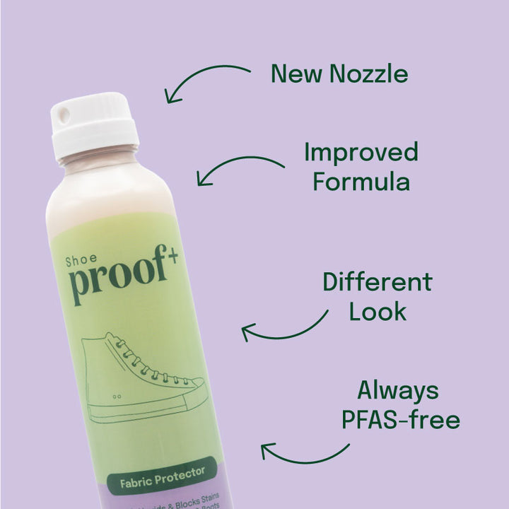 ProofPlus Shoe Fabric Protector bottle, new nozzle, improved formula, different look, always PFAS-free