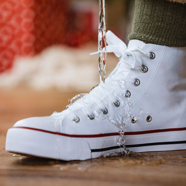 water spilling off white hightop shoes without penetrating into the fabric