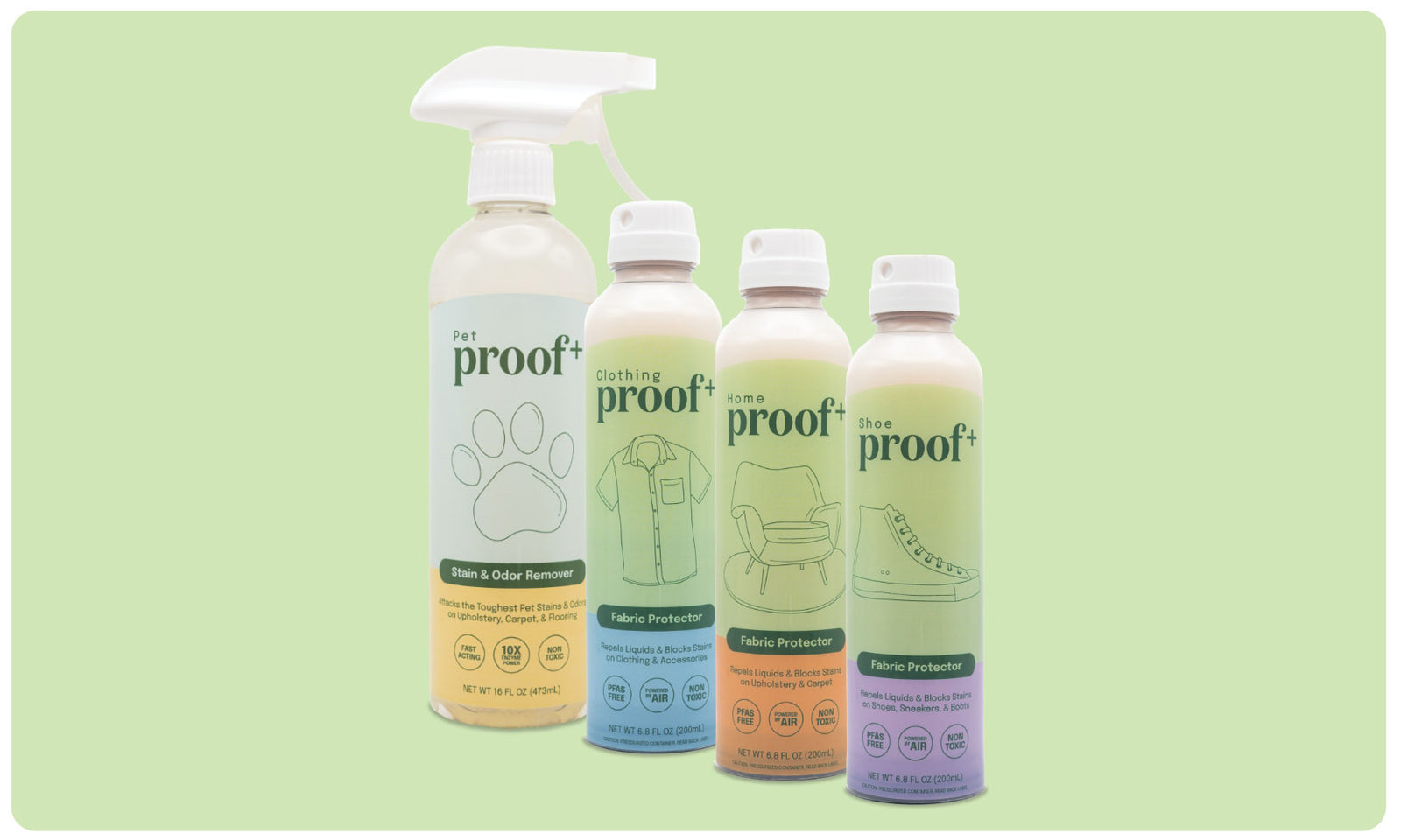 ProofPlus bottles lined up: pet stain & odor remover, clothing fabric protector, home fabric protector, and shoe fabric protector