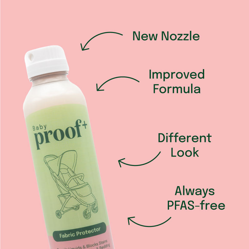 ProofPlus Baby Fabric Protector bottle, new nozzle, improved formula, different look, always PFAS-free