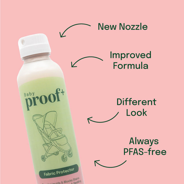 ProofPlus Baby Fabric Protector bottle, new nozzle, improved formula, different look, always PFAS-free