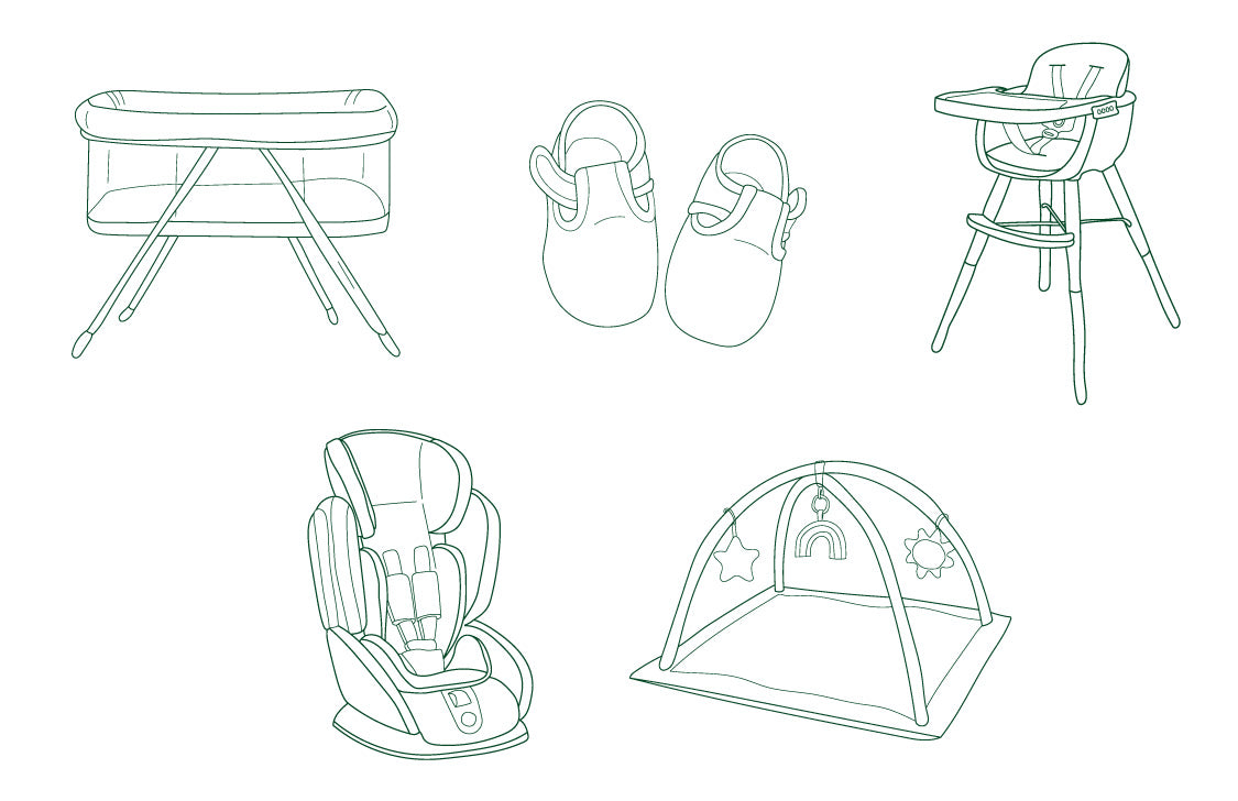 baby bassinet, car seat, high chair, shoes, and play mat icons