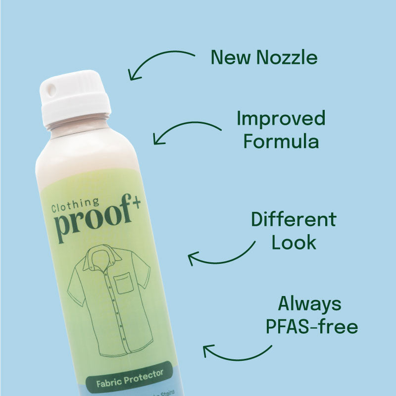 ProofPlus Clothing Fabric Protector bottle, new nozzle, improved formula, different look, always PFAS-free