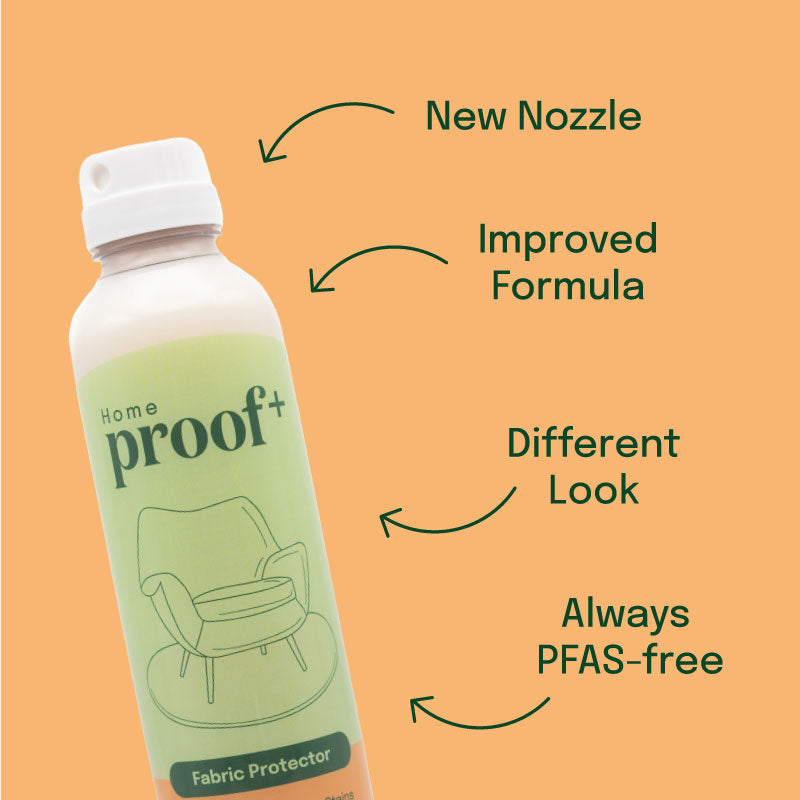 ProofPlus Home Fabric Protector bottle, new nozzle, improved formula, different look, always PFAS-free