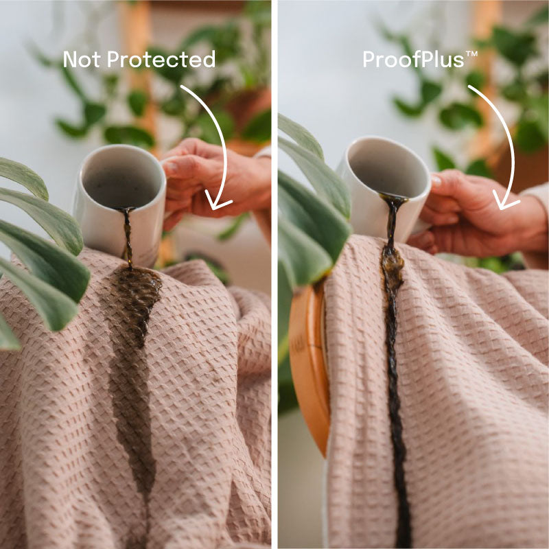 unprotected blanket with stain compared to fabric protected blanket stain resistant to coffee