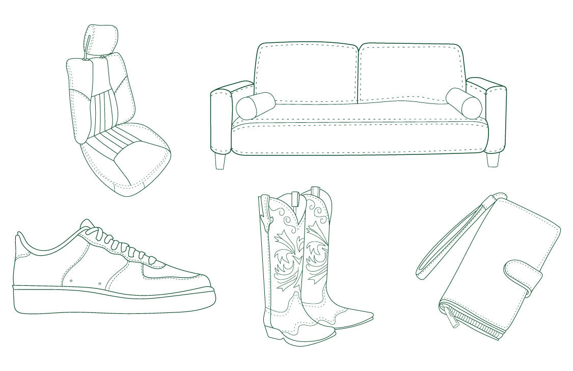 leather car seat, couch, shoes, cowboy boots, wallet icons