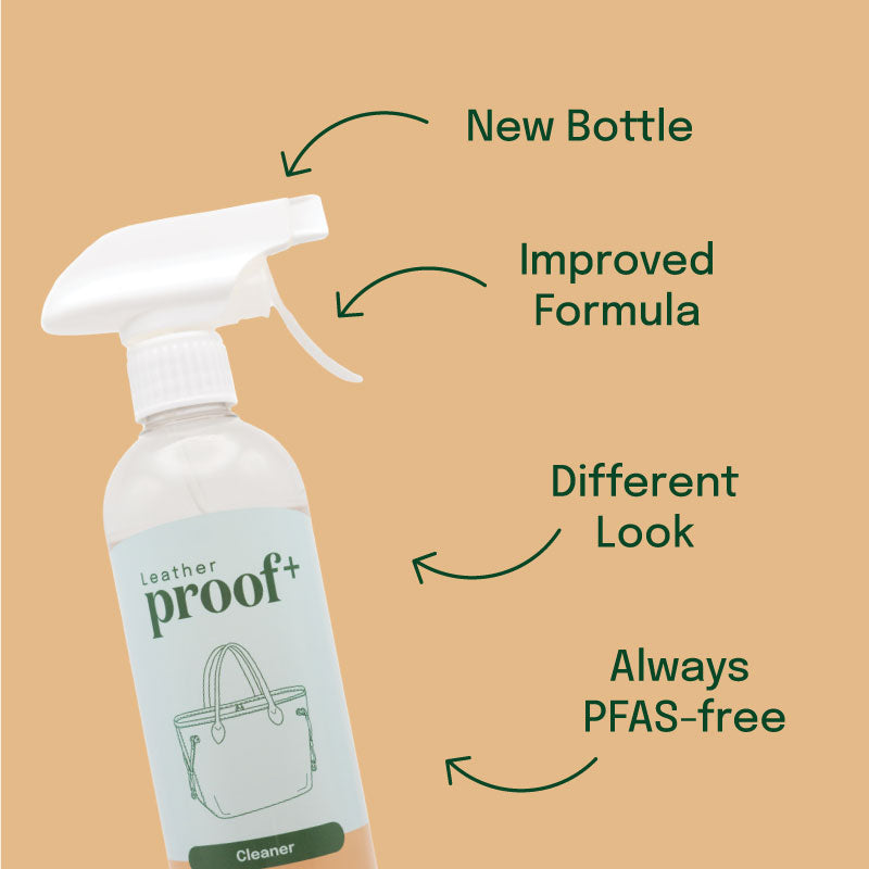 ProofPlus Leather Cleaner bottle, new nozzle, improved formula, different look, always PFAS-free