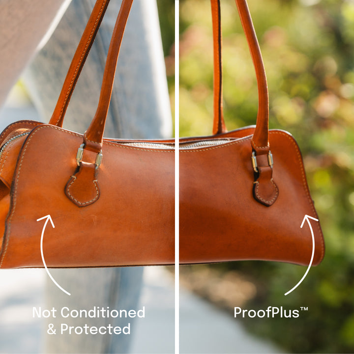left side of a leather hand bag not conditioned & protected compared to right side being conditioned with ProofPlus
