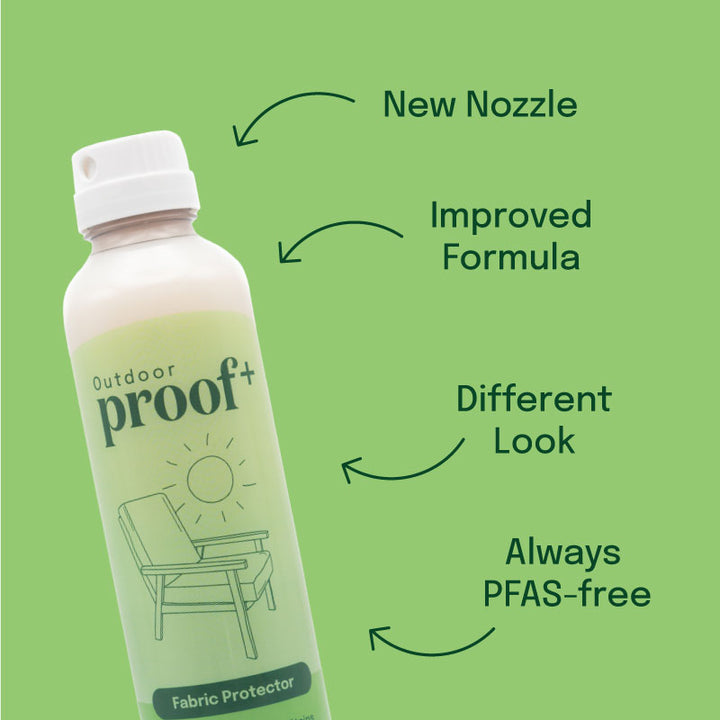 ProofPlus Outdoor Fabric Protector bottle, new nozzle, improved formula, different look, always PFAS-free