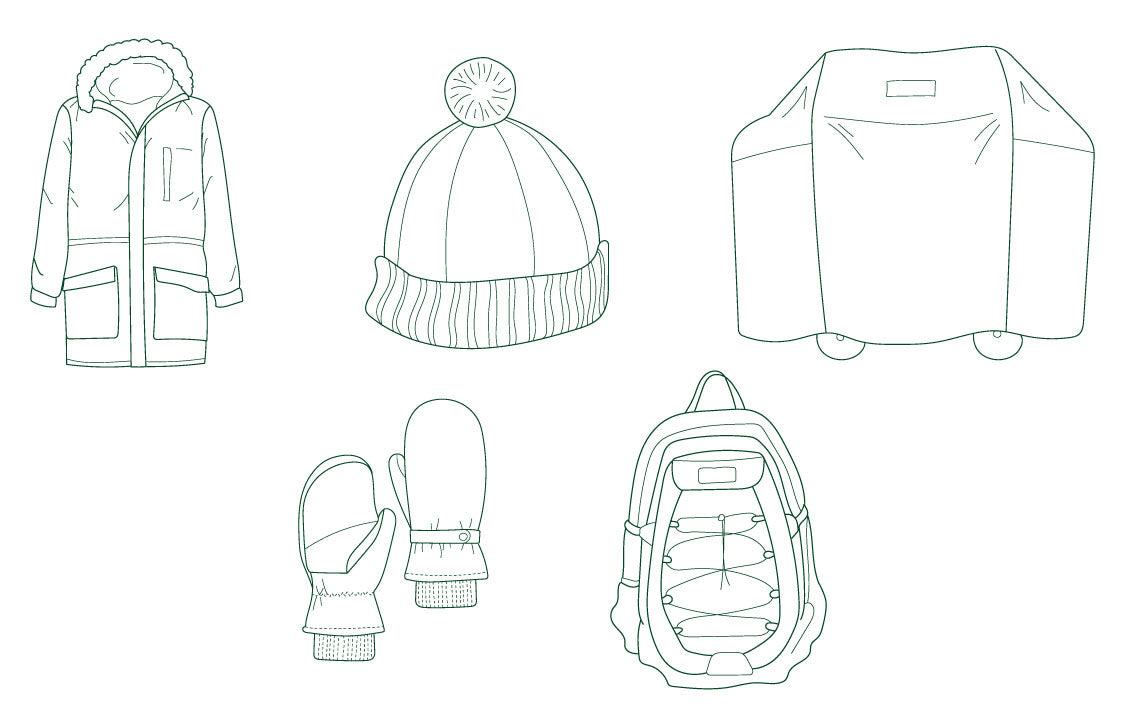 jacket, winter hat, grill cover, winter gloves, backpack icons