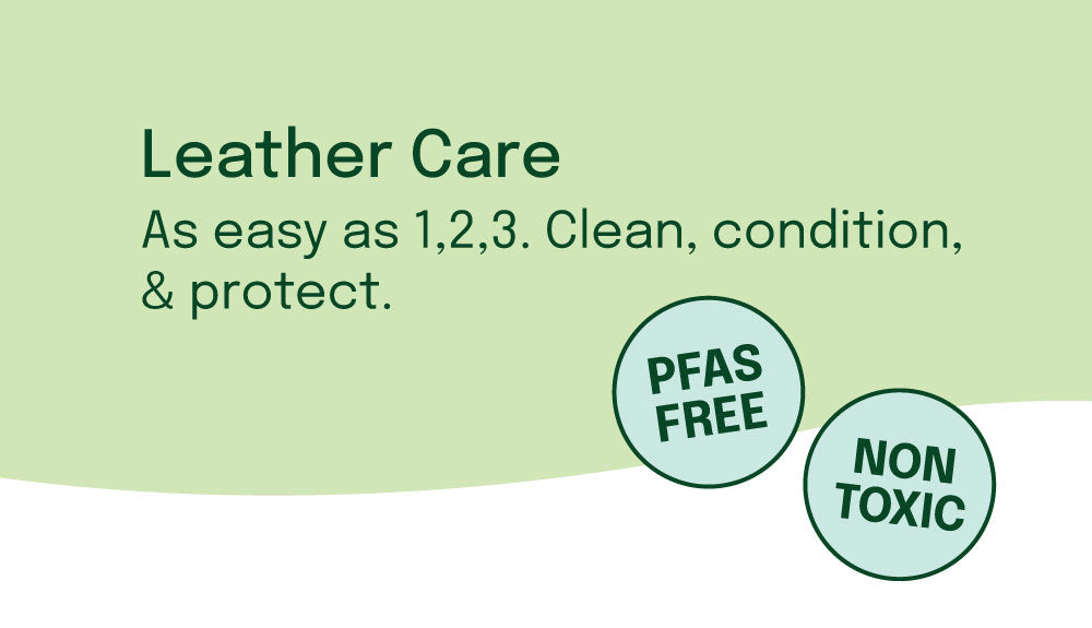 Page Banner: Leather Care. As easy as 1,2,3. Clean, condition, & protect, PFAS-free and Non-Toxic