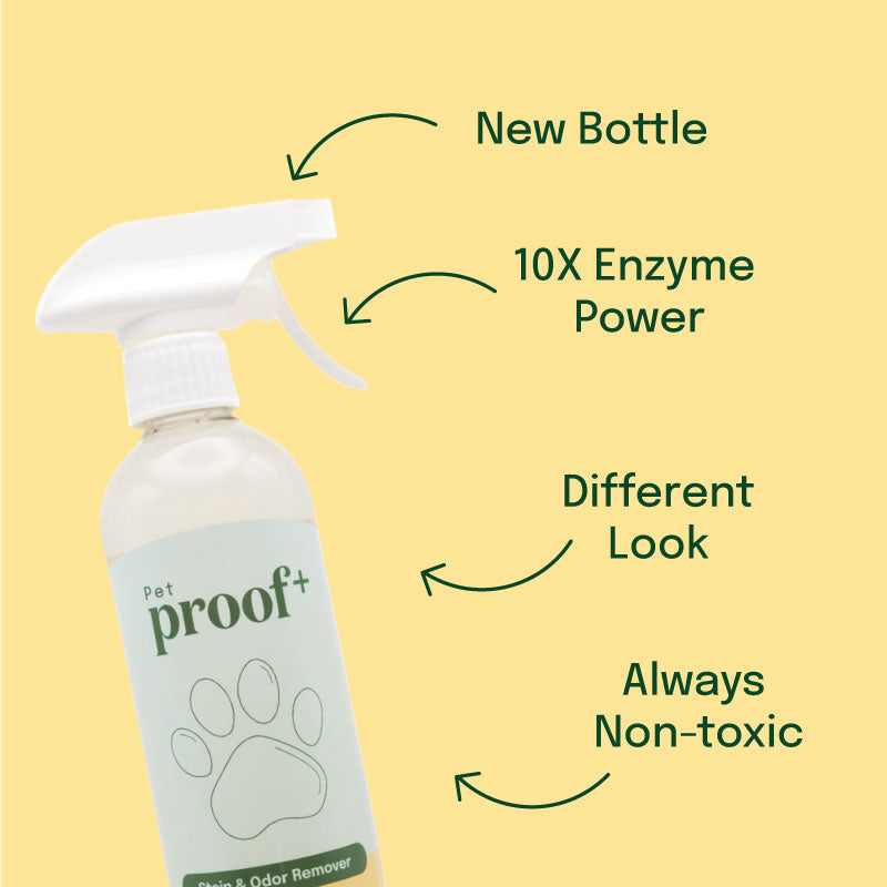 ProofPlus Pet Stain & Odor Remover bottle, new nozzle, improved formula, different look, always PFAS-free