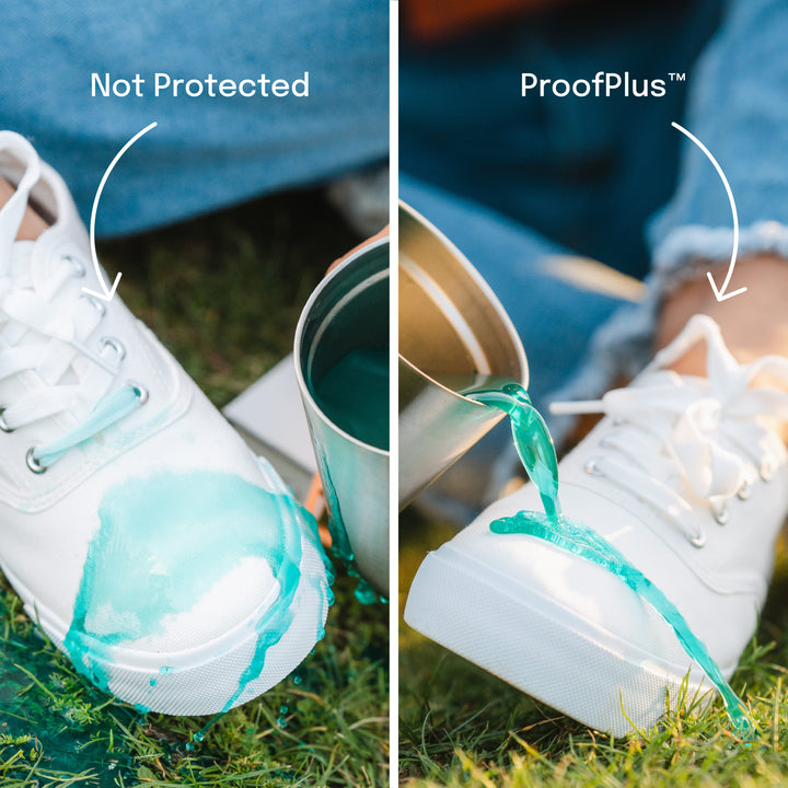 blue liquid staining not protected shoe compared to rolling off ProofPlus fabric protector
